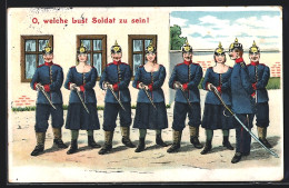 AK Offizier Inspiziert Männliche U. Weibliche Soldaten In Uniform Mit Pickelhaube  - Guerre 1914-18
