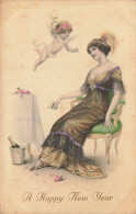 A HAPPY NEW YEAR FEMME ANGE CHAMPAGNE ILLUSTRATION ART NOUVEAU 1918 - Vienne