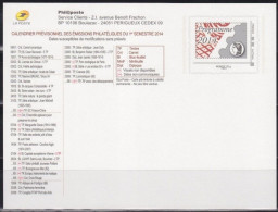Carte Entier Postal Monde 20g Programme Philatélique 2014 Le 1er Semestre. - Official Stationery