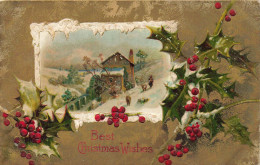 BEST CHRISTMAS WISHES ILLSTRATION MAISON SOUS LA NEIGE LE HOUX EST EN RELIEF - Other & Unclassified