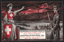 Künstler-AK Grenzbesetzung 1914, Schweizer Soldat In Uniform Mit Gewehr Und Helvetia Mit Schild  - Sonstige & Ohne Zuordnung