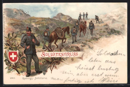 Lithographie Schweizer Gebirgs-Artillerie In Uniform Mit Pferden Am Marschieren  - Other & Unclassified