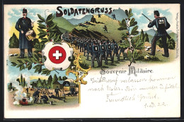 Lithographie Schweizer Soldaten Beim Marschieren, Mit Trommel Und Am Feuer  - Andere & Zonder Classificatie