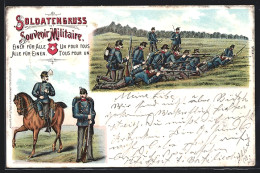 Lithographie Soldaten In Uniform Mit Gewehren Auf Dem Feld, Schweizer Soldat Zu Pferd  - Andere & Zonder Classificatie