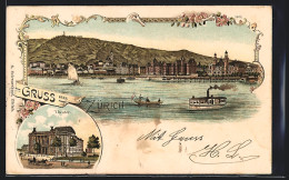 Lithographie Zürich, Panorama Mit Dampfer Vom Wasser Aus, Theater  - Andere & Zonder Classificatie