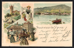 Lithographie Vevey, Ortsansicht Vom See Mit Ruderboot, Frau In Tracht  - Vevey