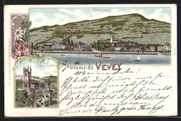 Lithographie Vevey, St. Martin & Russische Kirche, Ortsansicht Mit Kai Vom Wasser Aus  - Vevey