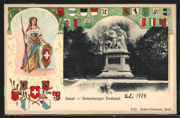 Passepartout-Lithographie Basel, Strassburger Denkmal, Helvetia, Wappen Der Schweiz  - Basel