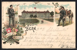 Lithographie Bern, Kaserne Mit Zufahrt, Soldat Mit Tornister, Kavallerist, Wappen  - Berna