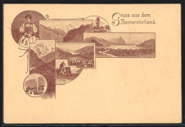 Lithographie Lauterbrunnen, Ortsansichten, Bergpanorama, Faru In Tracht  - Lauterbrunnen