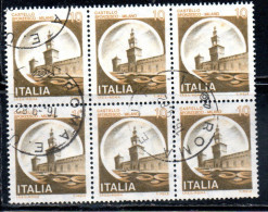 ITALIA REPUBBLICA ITALY 1980 CASTELLI CASTLE CASTELLO SFORZESCO MILANO LIRE 10 BLOCCO DI 6 BLOCK USATO USED OBLITERE' - 1971-80: Gebraucht