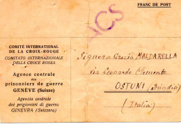 SUISSE/ITALIE.1943. AVIS DE CAPTURE."SERVICE ITALIEN/A.P.G.CROIX-ROUGE.GENÈVE. CENSURE - Marcophilie