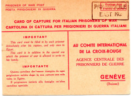 EGYPTE.1942. AVIS DE CAPTURE. "P/W MIDDLE EAST 192".ITALIEN PRIS.DE GUERRE.VIA C.I.C.R. GENÈVE . CENSURE. - Lettres & Documents