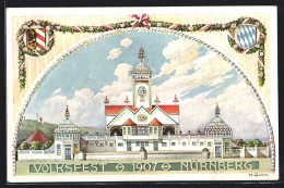 Künstler-AK Nürnberg, Volksfest 1907 - Festgebäude, Wappen, Ganzsache Bayern  - Briefkaarten