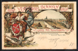 Lithographie Regensburg, Generalversammlg. Bayr. Verkehrsbeamten-Verein 1901, Ganzsache Bayern  - Briefkaarten