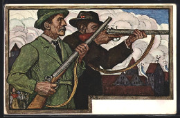 Künstler-AK Matthäus Schiestl: München, XV. Deutsches Bundesschiessen 1906, Ganzsache Bayern  - Hunting