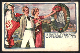 AK Würzburg, 14. Bayer. Turnfest 1912, Sportlerpaar Mit Flagge, Turnvater Jahn, Ganzsache Bayern  - Sonstige & Ohne Zuordnung