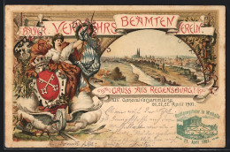 Lithographie Regensburg, Ort, Generalversammlg. Bayr. Verkehrsbeamten-Verein 1901, Ganzsache Bayern  - Briefkaarten