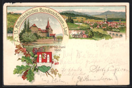 Lithographie Lauf, 15. Mittelfränkisches Bundesschiessen, Wappen, Teilansicht, Ganzsache Bayern  - Postcards