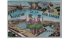 SOUVENIR DE LA COTE BASQUE 64 - Illustration Plage Costume Pont écusson Blason - Autres & Non Classés