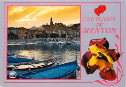 06 - Menton - Crépuscule Sur La Vieille Ville - Une Pensée De Menton - Fleurs - CPM - Carte Neuve - Voir Scans Recto-Ver - Menton