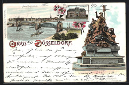 Lithographie Düsseldorf, Neue Rheinbrücke, Ständehaus, Provinzial-Denkmal  - Duesseldorf