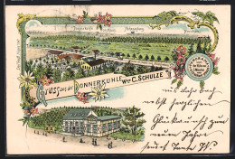 Lithographie Hagen, Gasthof Donnerkuhle Wwe. C. Schulze Mit Strasse, Ortsansicht Aus Der Vogelschau  - Hagen