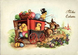 H2655 - Glückwunschkarte Ostern - Hasen Kutsche Gespann Kücken Osterei - Krüger - Landpost Wolfenbüttel - Pâques