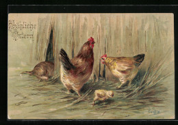 Präge-AK Huhn Und Hahn Mit Ihrem Küken, Ostern  - Pâques