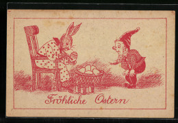 AK Zwerg Und Osterhase Bemalen Die Eier Für Ostern  - Sonstige & Ohne Zuordnung