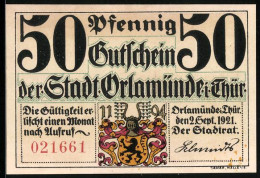 Notgeld Orlamünde 1921, Stadtwappen, Ortsansicht Bei Sonnenaufgang  - [11] Emissions Locales