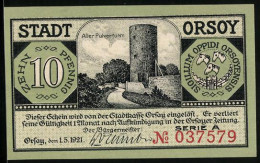 Notgeld Orsoy 1921, 10 Pfennig, Alter Pulverturm, Dampfer  - [11] Local Banknote Issues