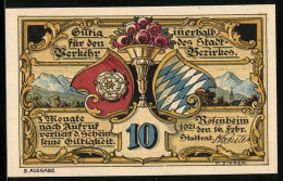 Notgeld Rosenheim 1921, 10 Pfennig, Stadtwappen, Rosenstrauss, Strassenpartie  - [11] Emissions Locales