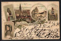 Vorläufer-Lithographie Freiburg I. B., 1895, Alter Universität, Münster, Frauen In Trachten  - Freiburg I. Br.