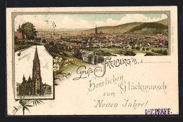 Vorläufer-Lithographie Freiburg I. B., 1892, Münster, Ortsansicht Aus Der Vogelschau  - Freiburg I. Br.