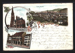 Lithographie Freiburg I. B., Totalansicht Mit Münzstrasse Und Kaufhaus  - Freiburg I. Br.