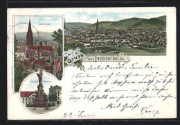 Lithographie Freiburg I. Br., Münster, Siegesdenkmal, Ortsansicht  - Freiburg I. Br.