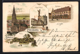 Vorläufer-Lithographie Freiburg I. B., 1895, Münster, Rathaus, Siegesdenkmal, Waldsee  - Freiburg I. Br.