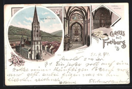 Lithographie Freiburg I. B., Münster, Innenansicht Und Portal  - Freiburg I. Br.