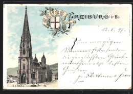 Lithographie Freiburg I. B., Münster Und Brunnen  - Freiburg I. Br.