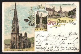 Lithographie Freiburg I. B., Münster, Kaiser Wilhelmsplatz, Berthold Schwarz Denkmal  - Freiburg I. Br.