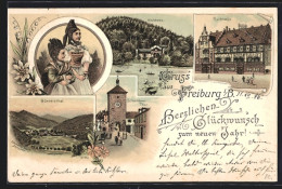 Lithographie Freiburg I. B., Waldsee Mit Gasthaus, Rathaus, Schwabenthor, Frauen In Trachten  - Freiburg I. Br.