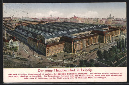 AK Leipzig, Der Neue Hauptbahnhof Aus Der Vogelschau Gesehen, Strassenbahnen Und Kutschen Auf Der Strasse  - Leipzig