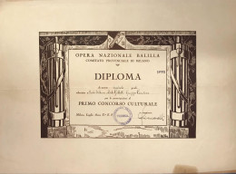 Opera Nazionale Balilla Milano Diplma Primo Concorso Culturale Anno X° Mf.016 - Documents Historiques