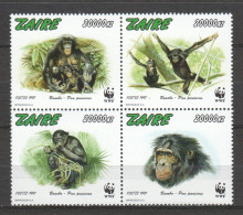 Zaire 1997 Mi 1339-1342A In Block Of 4 MNH WWF - BONOBO MONKEES - Ongebruikt