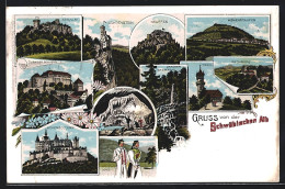 Lithographie Göppingen, Achalm, Hohenstaufen, Lichtenstein, Neuffen, Nebelhöle, Uracher Wasserfall, Wanderer In Trac  - Goeppingen