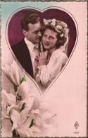 MARRIAGES, COUPLES, LOVERS, ELEGANT MAN AND WOMAN, FLOWERS, HEART SHAPE, FRANCE, POSTCARD - Nozze