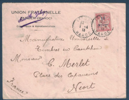 TIMBRE MOUCHON RETOUCHÉ SEUL Sur LETTRE Pour NIORT FRANCE CAD TANGER 1913 MAROC ENTETE UNION FRATERNELLE - Storia Postale