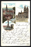Lithographie Freiburg I. B., Münster, Herz Jesu-Kirche Im Stühlinger, Sieges-Denkmal  - Freiburg I. Br.