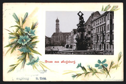 Präge-AK Augsburg, Strassenpartie Mit Kirche Und Brunnen, Glockenblumen  - Augsburg